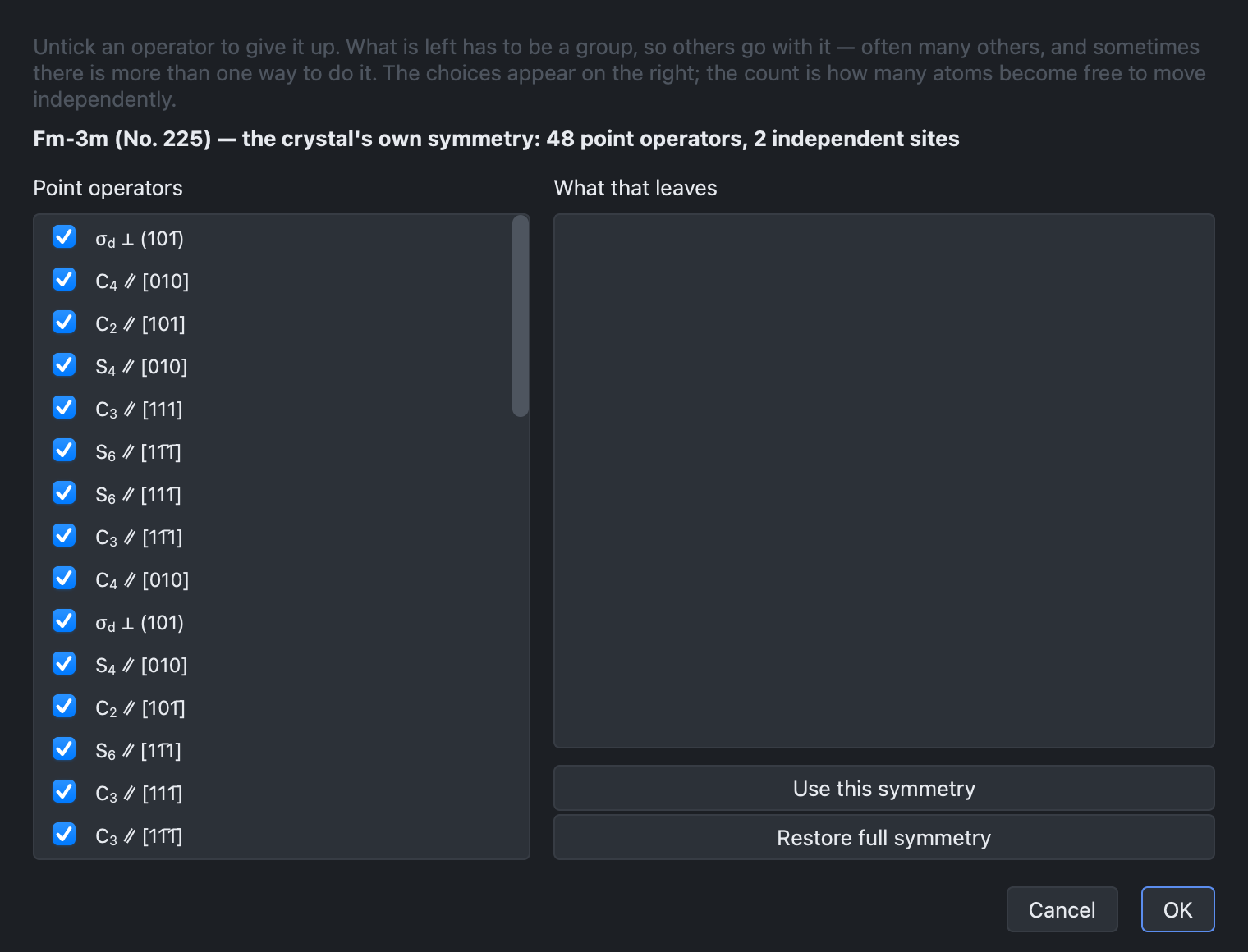 The symmetry reduction dialog